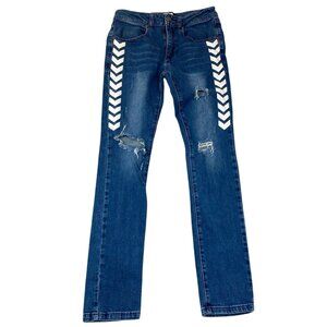 Premium Garage Men Jeans 30x32 Distressed Straight Chevron Stripes Blue Denim